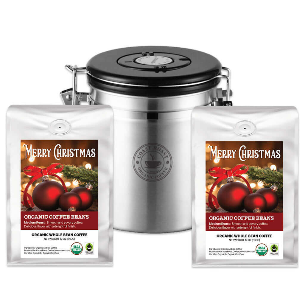 Coffee Storage Canister and 2 bags of Custom Christmas Label Organic Coffee