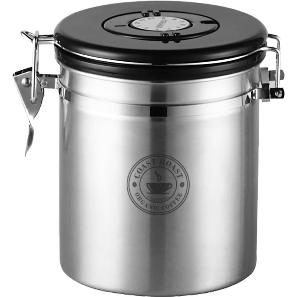 Coast Roast airtight coffee canister with freshness valve for organic whole bean coffee storage