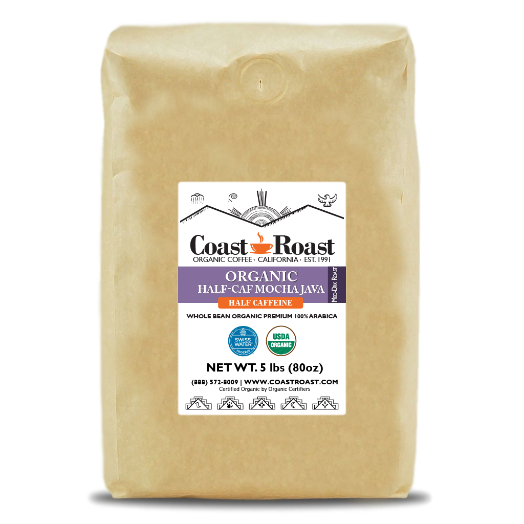 Organic Swiss Water Half-Caf Mocha Java Whole Bean Coffee - Coast Roast Organic Coffee