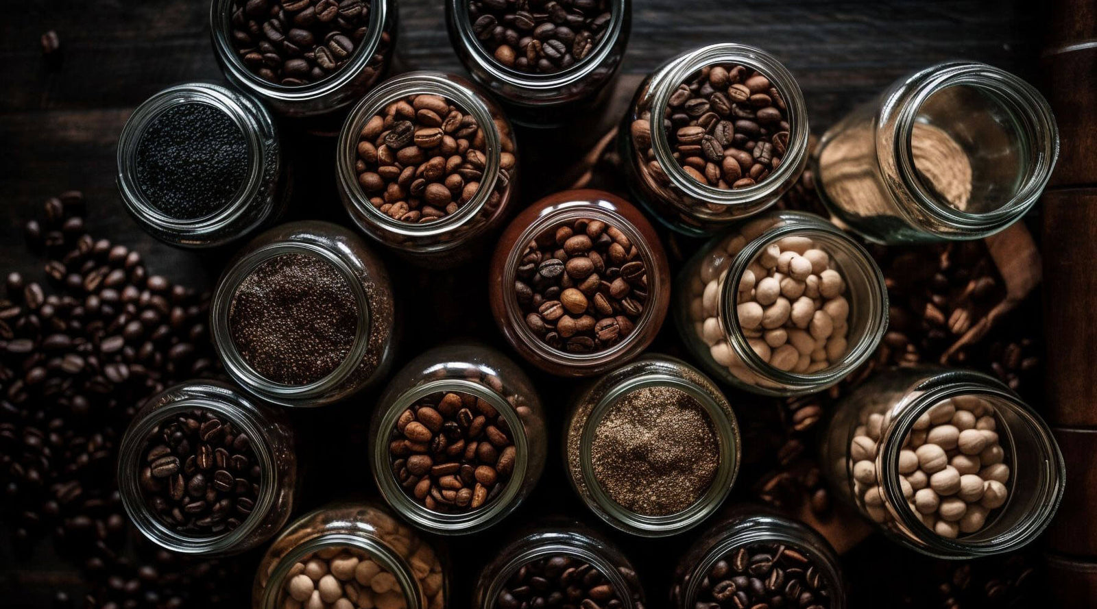Freshly roasted Coast Roast Organic Coffee beans in glass jars