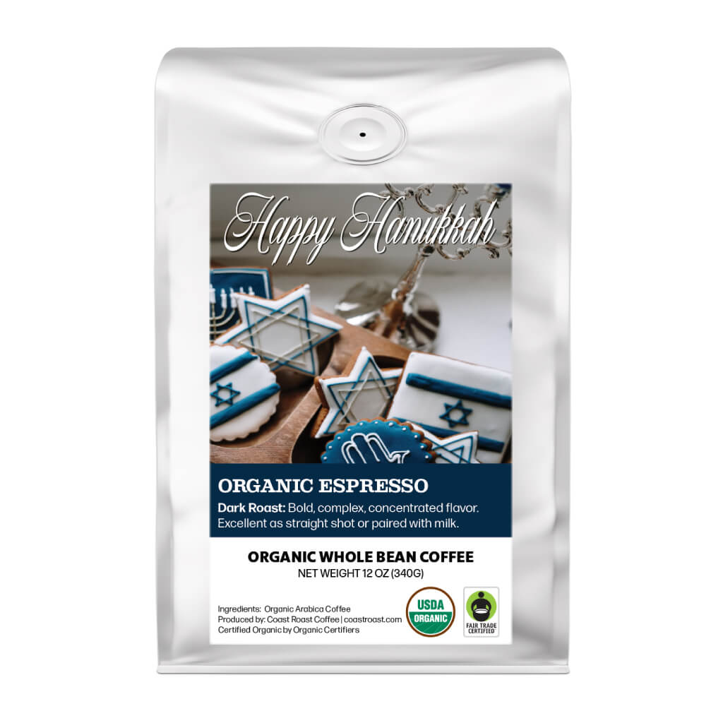 Happy Hanukkah Custom Label - Organic Whole Bean Coffee 12oz - Coast Roast Organic Coffee