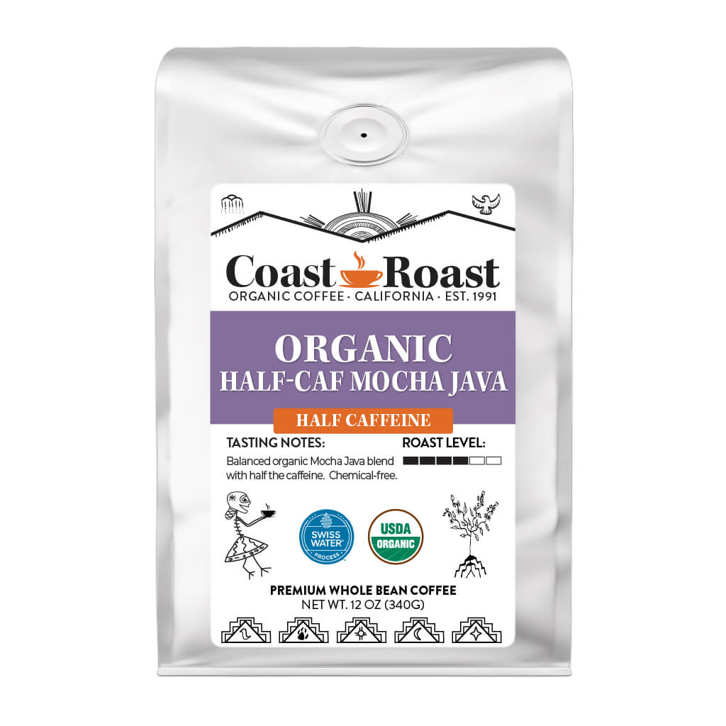Organic Swiss Water Half-Caf Mocha Java Whole Bean Coffee - Coast Roast Organic Coffee