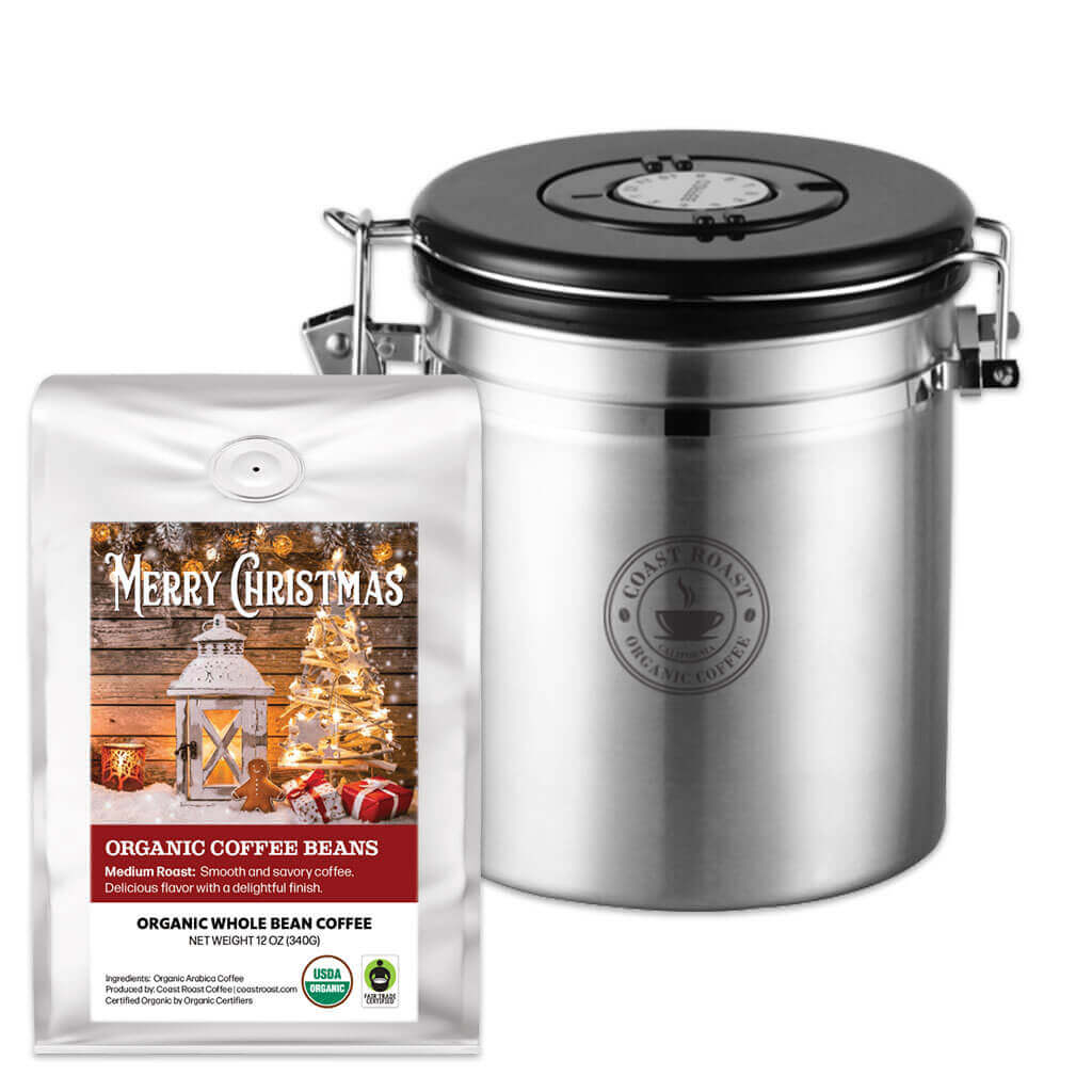 Coffee Storage Canister and bag of Custom Christmas Label Organic Coffee