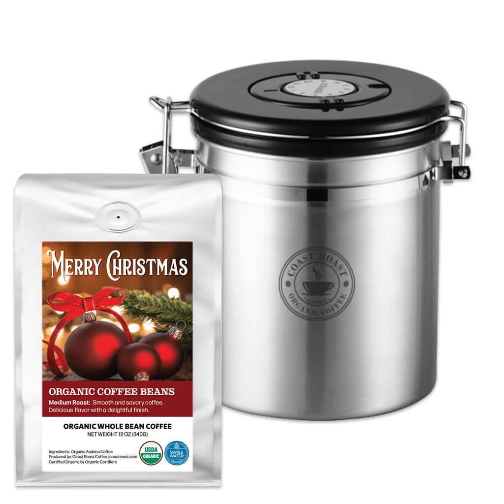 Coffee Storage Canister and bag of Swiss Water Decaf Custom Christmas Label Organic Coffee