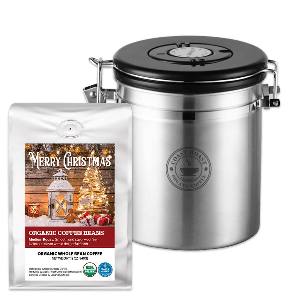 Coffee Storage Canister and bag of Swiss Water Decaf Custom Christmas Label Organic Coffee