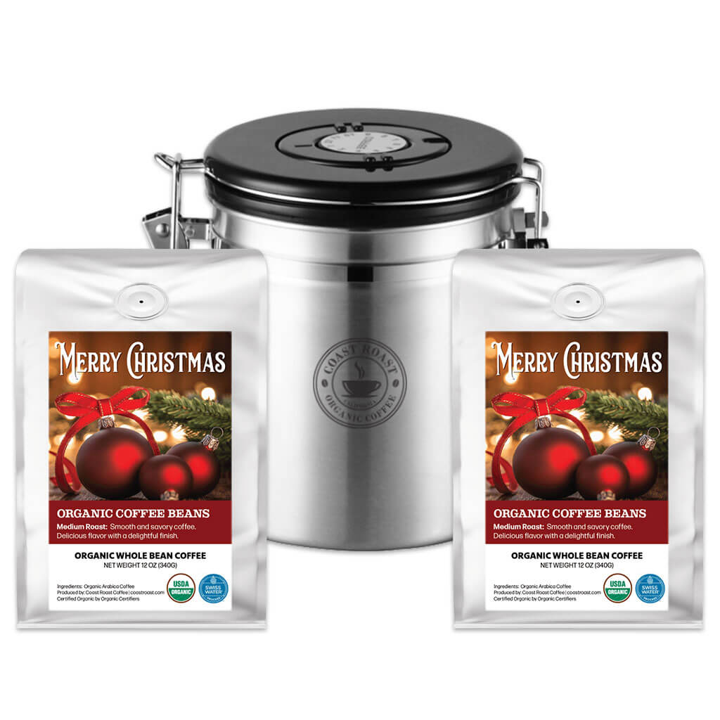 Coffee Storage Canister and 2 bags of Swiss Water Decaf Custom Christmas Label Organic Coffee