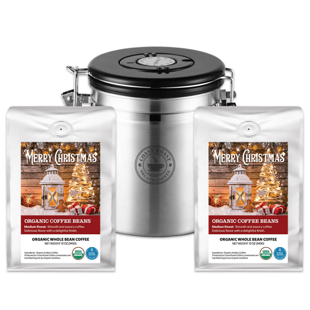Coffee Storage Canister and 2 bags of Swiss Water Decaf Custom Christmas Label Organic Coffee