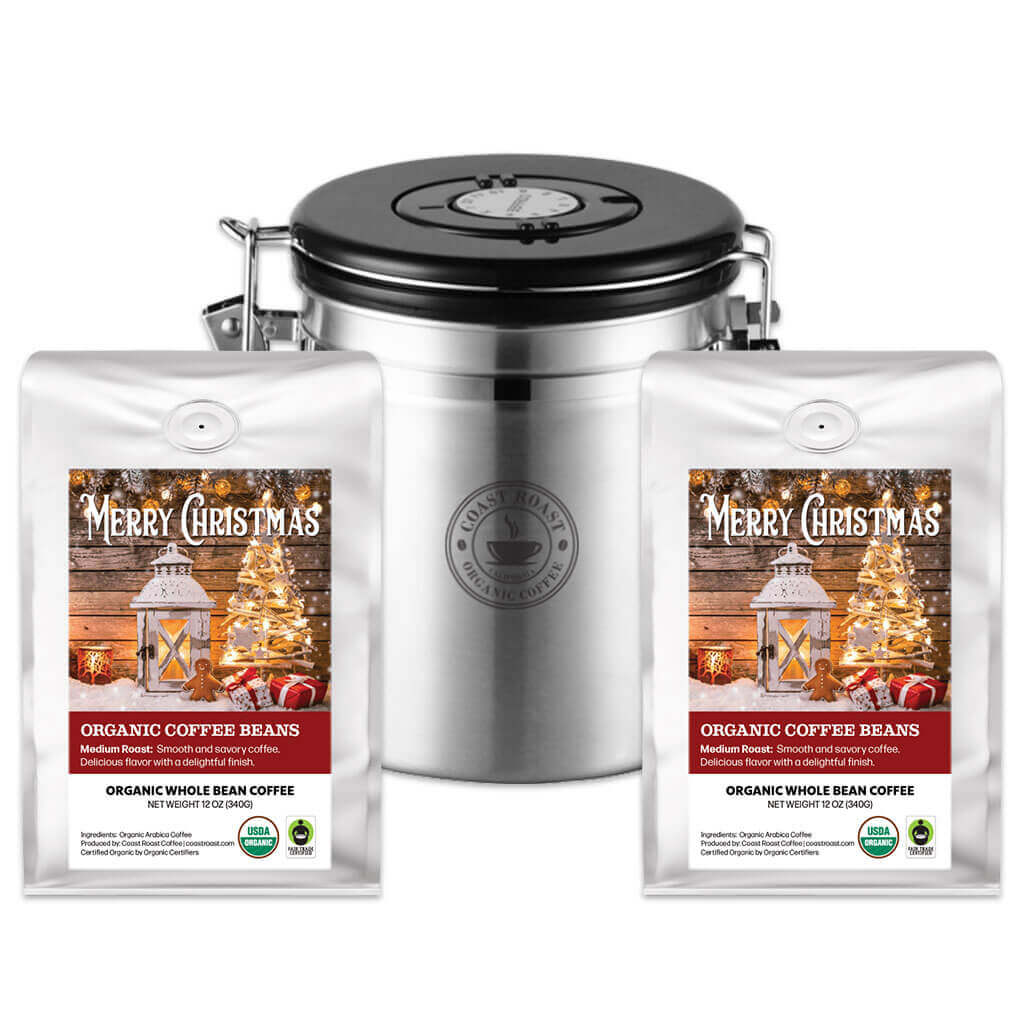 Coffee Storage Canister and 2 bags of Custom Christmas Label Organic Coffee