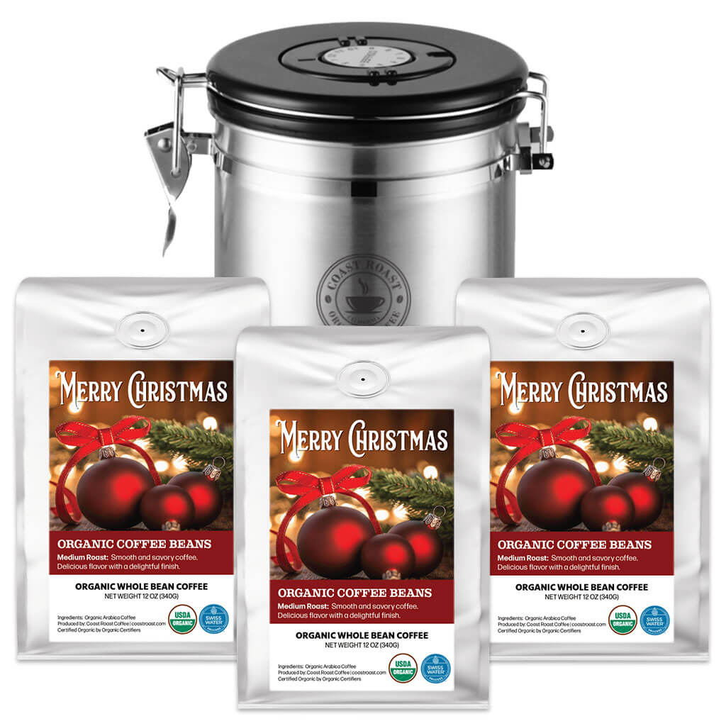 Coffee Storage Canister and 3 bags of Swiss Water Decaf Custom Christmas Label Organic Coffee