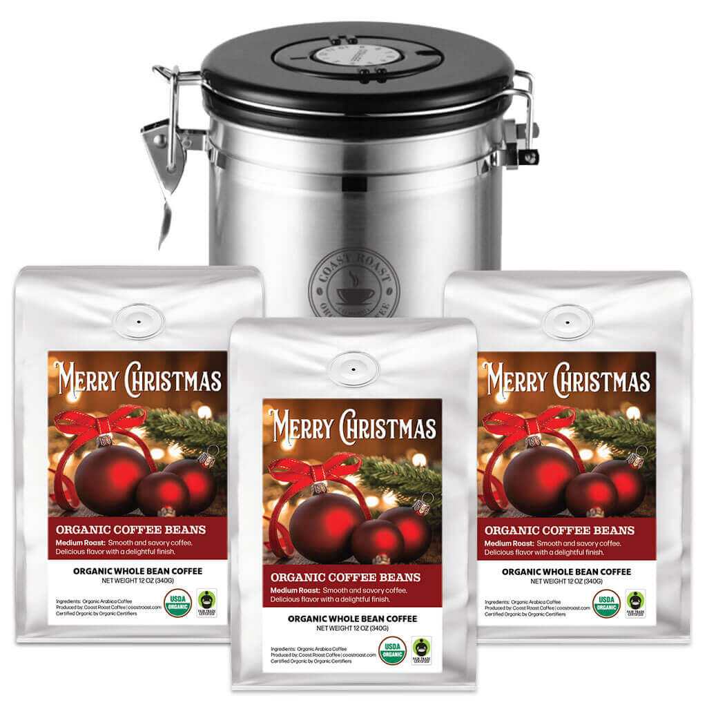 Coffee Storage Canister and 3 bags of Custom Christmas Label Organic Coffee