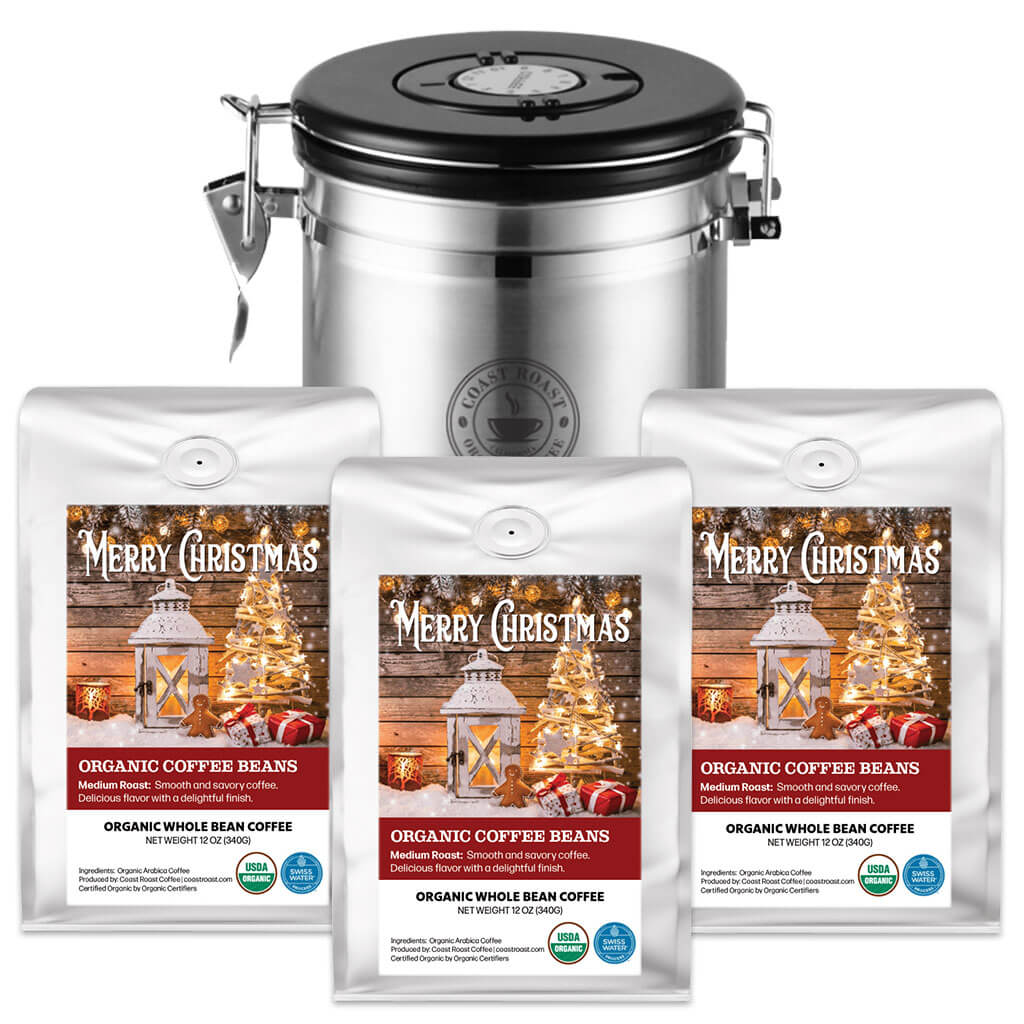 Coffee Storage Canister and 3 bags of Swiss Water Decaf Custom Christmas Label Organic Coffee