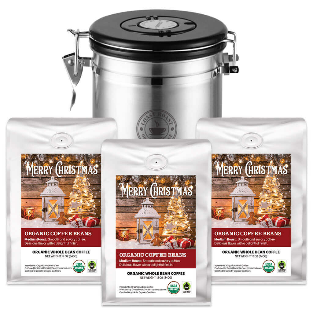Coffee Storage Canister and 3 bags of Custom Christmas Label Organic Coffee