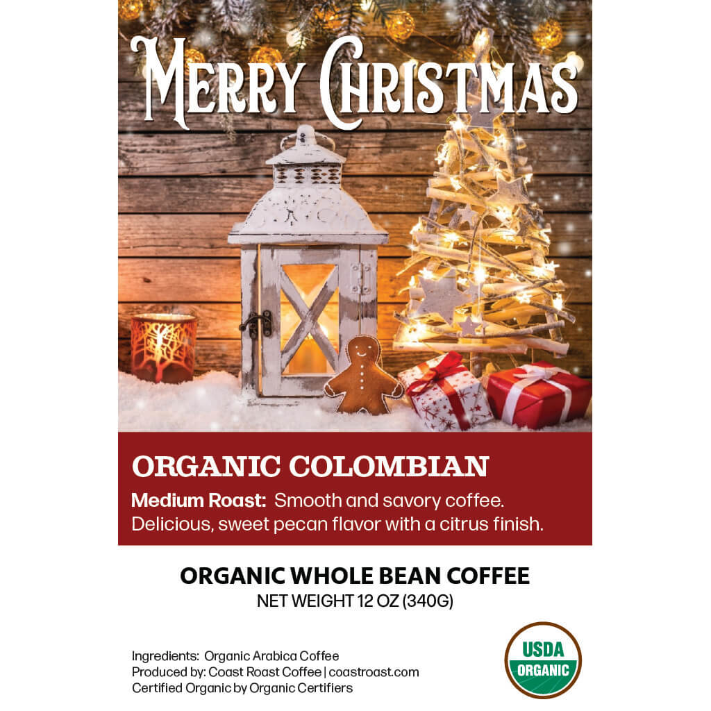 Merry Christmas Custom Label - Organic Whole Bean Coffee 12oz - Coast Roast Organic Coffee