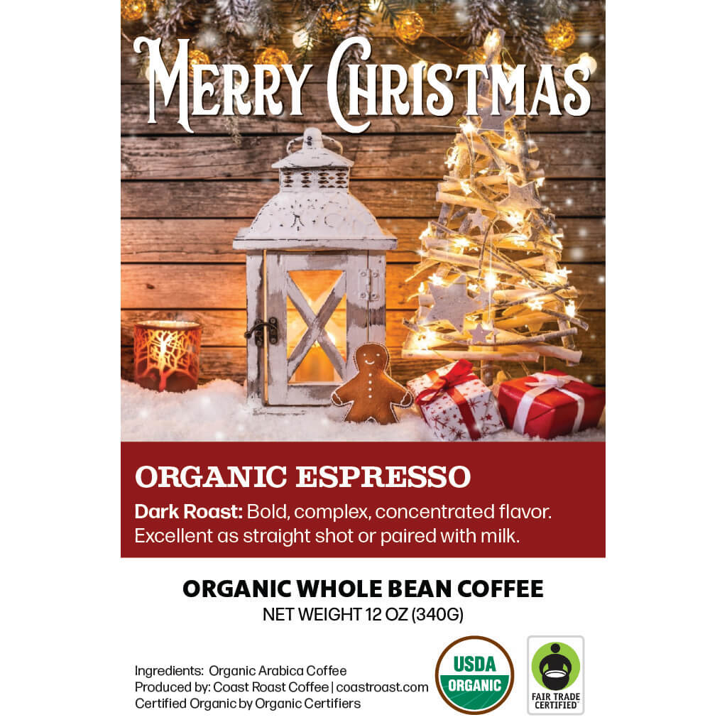 Merry Christmas Custom Label - Organic Whole Bean Coffee 12oz - Coast Roast Organic Coffee