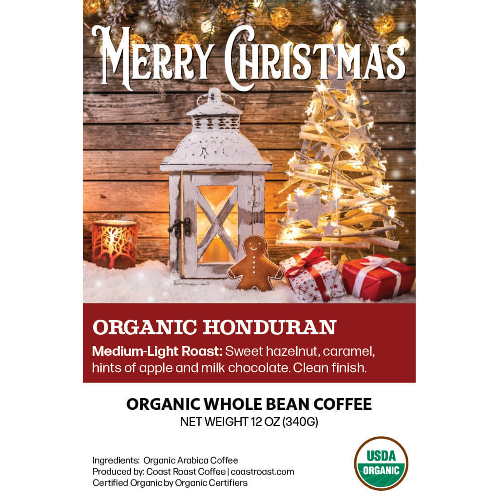 Merry Christmas Custom Label - Organic Whole Bean Coffee 12oz - Coast Roast Organic Coffee