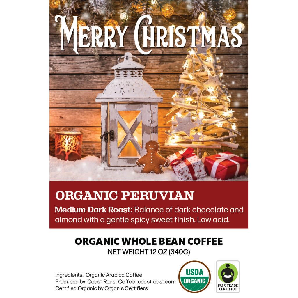 Merry Christmas Custom Label - Organic Whole Bean Coffee 12oz - Coast Roast Organic Coffee