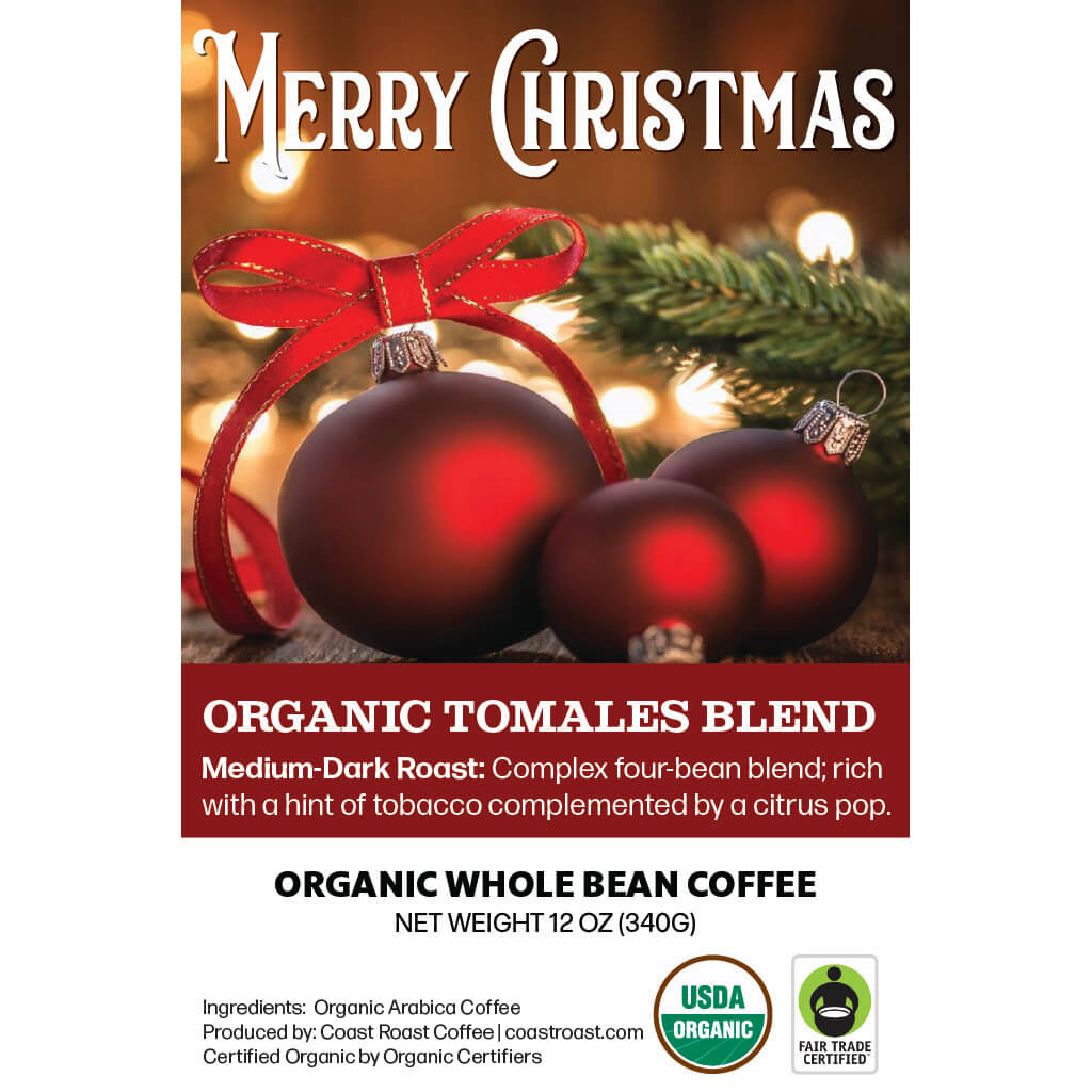 Merry Christmas Custom Label - Organic Whole Bean Coffee 12oz - Coast Roast Organic Coffee