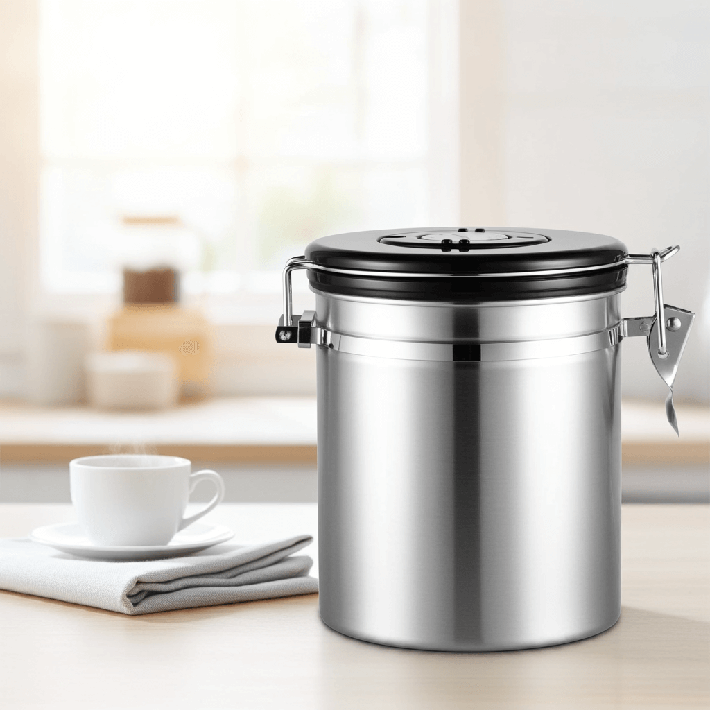 Coffee Storage Canister on Kitchen countertop with cup and morning paper