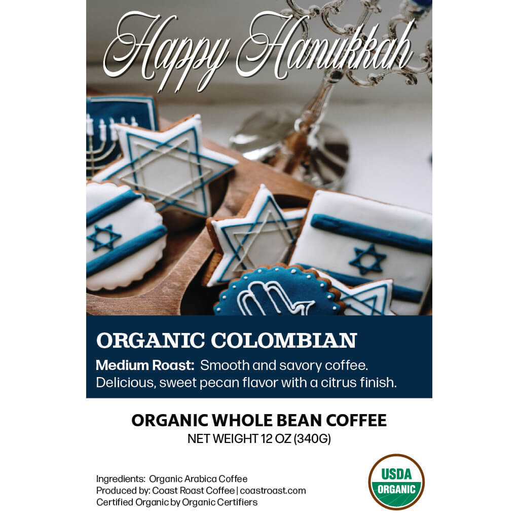 Happy Hanukkah Custom Label - Organic Whole Bean Coffee 12oz - Coast Roast Organic Coffee