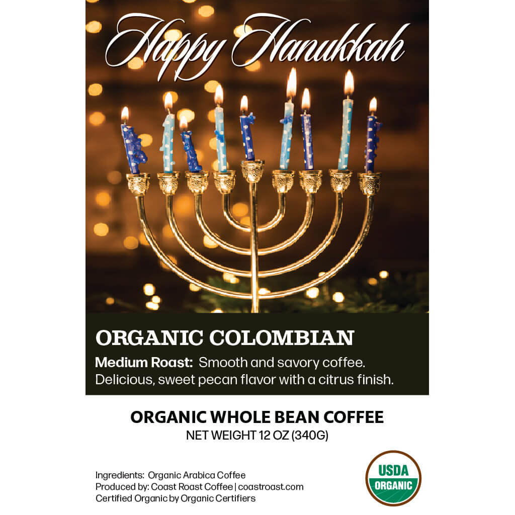 Happy Hanukkah Custom Label - Organic Whole Bean Coffee 12oz - Coast Roast Organic Coffee