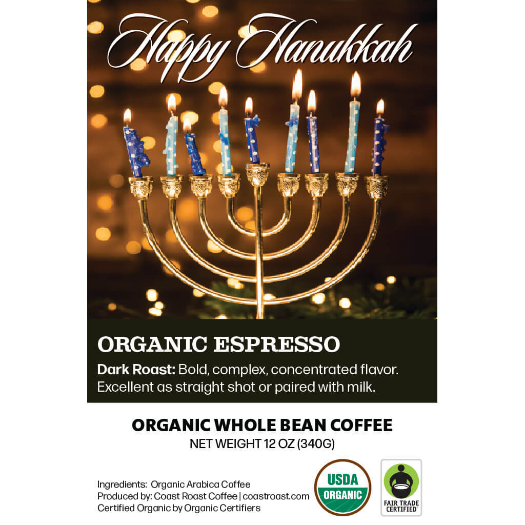 Happy Hanukkah Custom Label - Organic Whole Bean Coffee 12oz - Coast Roast Organic Coffee