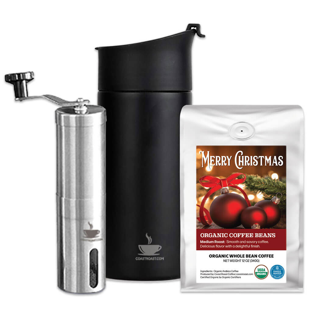 Coffee Travel Press, Hand Grinder and 1 bag of Swiss Water Decaf Custom Christmas Label Organic Coffee