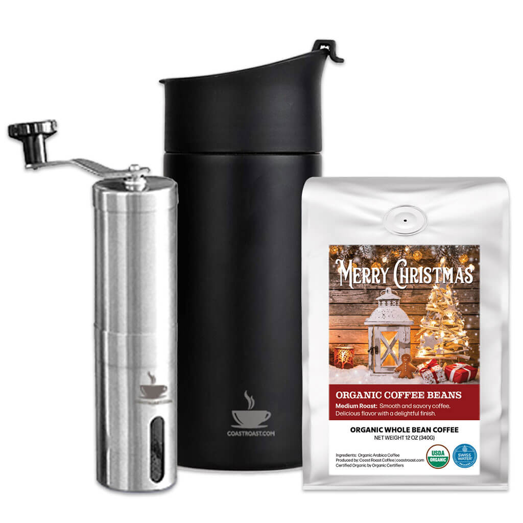 Coffee Travel Press, Hand Grinder and 1 bag of Swiss Water Decaf Custom Christmas Label Organic Coffee