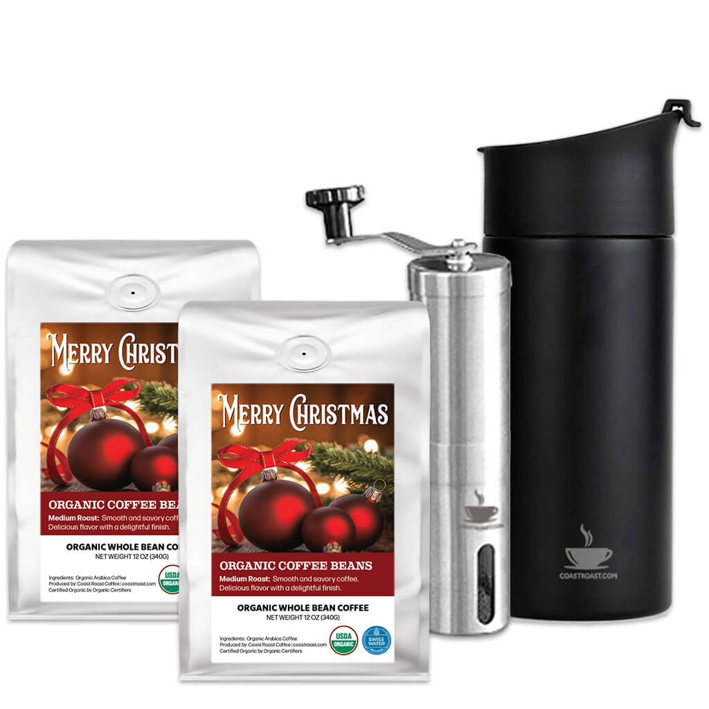 Coffee Travel Press, Hand Grinder and 2 bags of Swiss Water Decaf Custom Christmas Label Organic Coffee