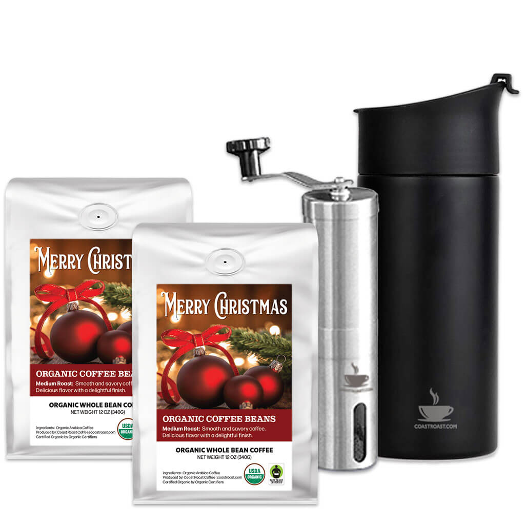 Coffee Travel Press, Hand Grinder and 2 bags of Custom Christmas Label Organic Coffee
