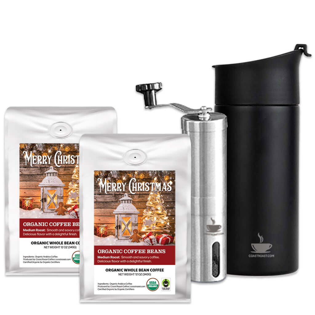 Coffee Travel Press, Hand Grinder and 2 bags of Custom Christmas Label Organic Coffee
