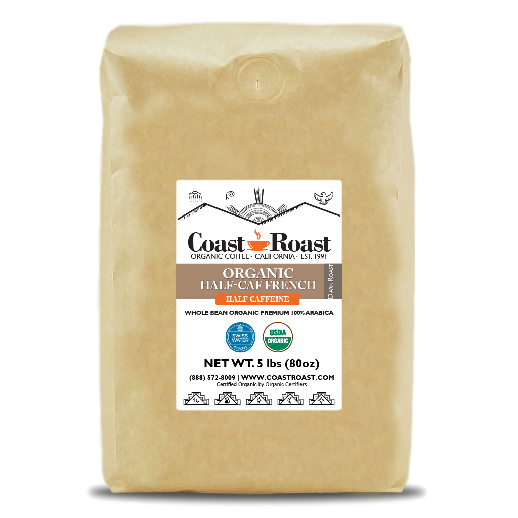 Organic Swiss Water Half-Caf French Whole Bean Coffee - Coast Roast Organic Coffee